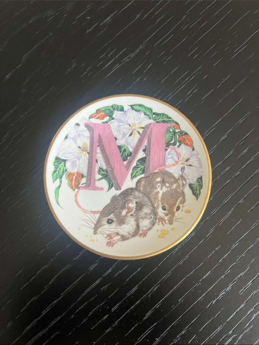 Franklin Mint Ceramic Mini Plate with Pink Letter M and Mice